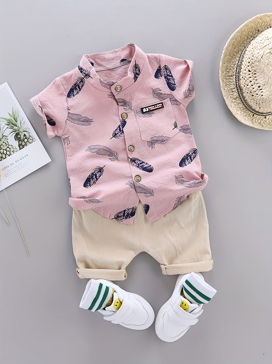 2-Piece Baby Boys’ Summer Outfit – Feather Print Short-Sleeve Shirt & Cotton Shorts Casual Set
