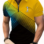 [Neon Polo Shirt] Neon Color Block 3D Digital Print Men's Summer Short Sleeve Polo Shirt | Casual Style, Regular Fit, 100% Polyester, Half Placket, Zipper Detail, Slight Stretch, 150g/m² - Yellow/Blue/Black
