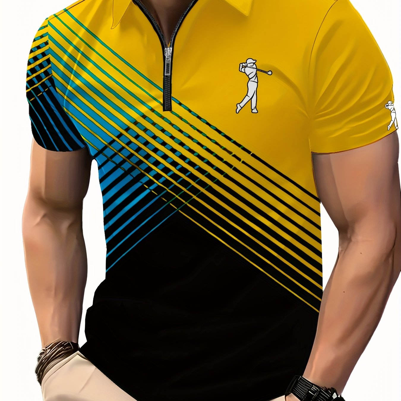 [Neon Polo Shirt] Neon Color Block 3D Digital Print Men's Summer Short Sleeve Polo Shirt | Casual Style, Regular Fit, 100% Polyester, Half Placket, Zipper Detail, Slight Stretch, 150g/m² - Yellow/Blue/Black
