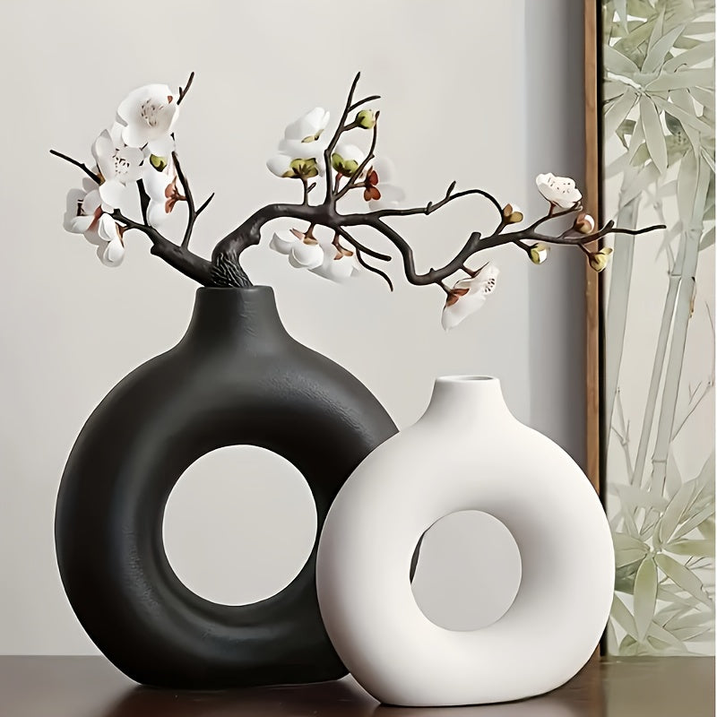 2pcs Black and White Combination Simple Plastic Ceramic Vase, Modern Home Decor for Living Room Dining Table Centerpiece, Hollow Round Flower Pot Suitable for Living Room, Kitchen, Office - Decoration - The Superior Findings Depot