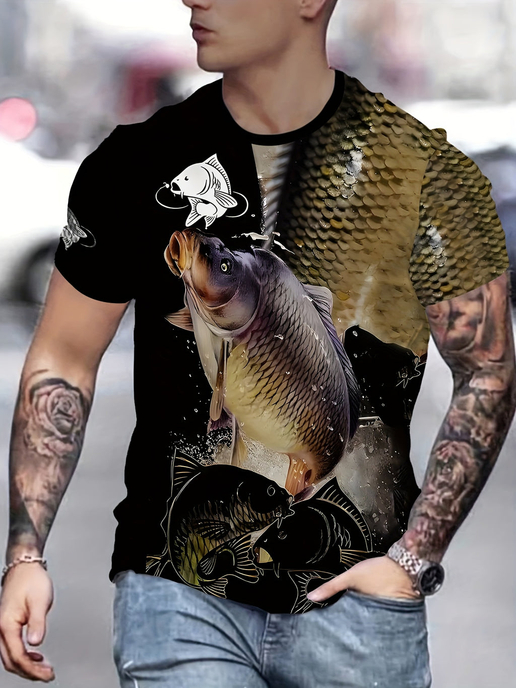 Men's 3D Fish Graphic T-Shirt - Black with Golden & White Fish