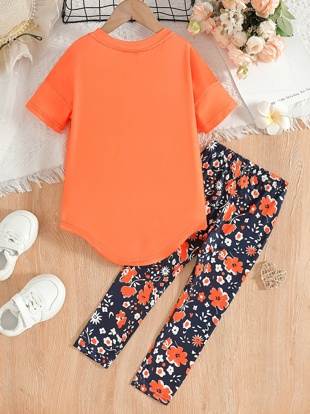 2pcs Girls' Clothing Party Slogan Large Glasses Print Pattern Drop Shoulder Irregular Hem Design Loose Short Sleeve T-Shirt + Floral Print Skinny Nine-Tenths Bottoms Set Girls' Summer Outfit Holiday Gift Girls' Fashion Casual - The Superior Findings Depot