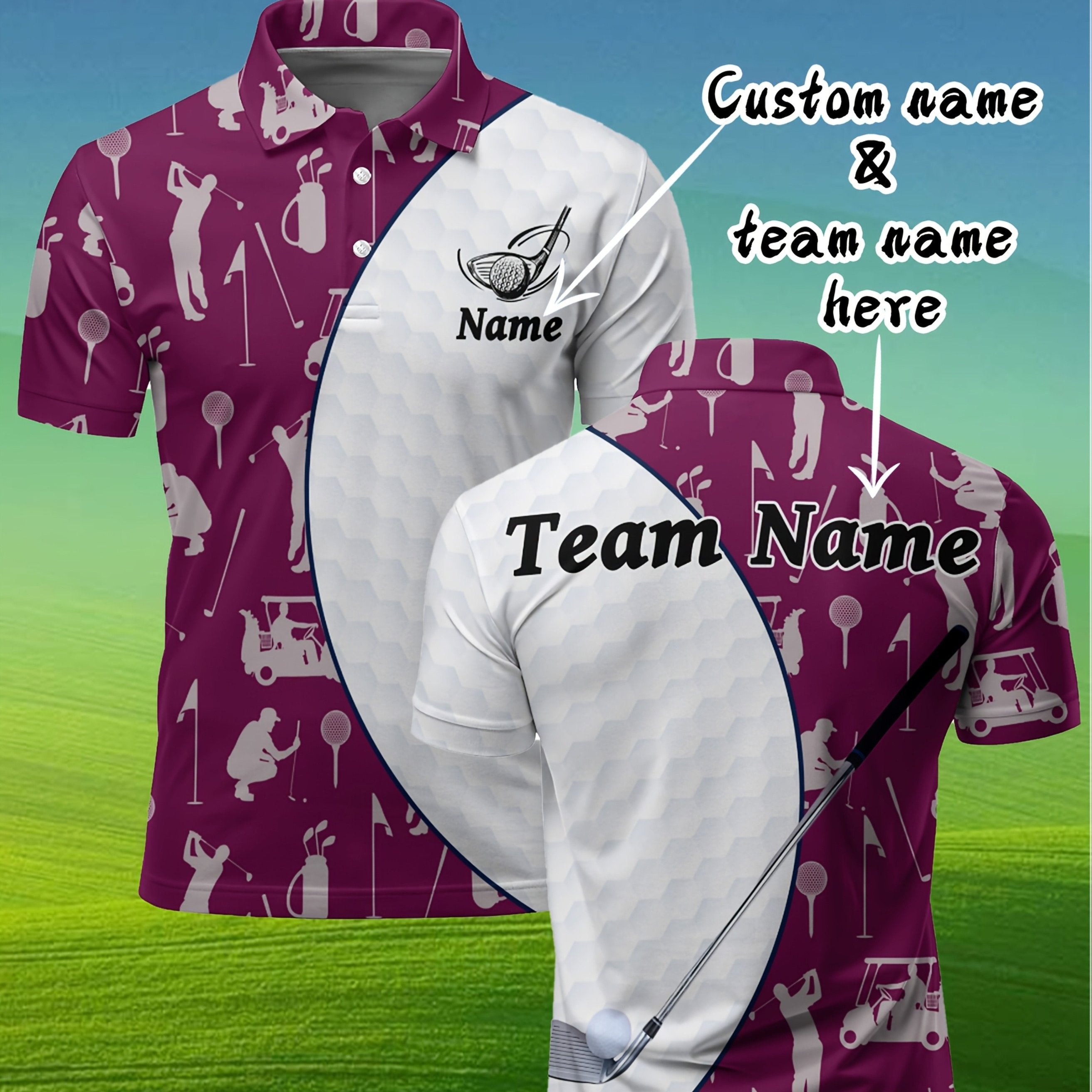 Customizable Men's Golf Polo Shirt - Golf Ball & Club Print