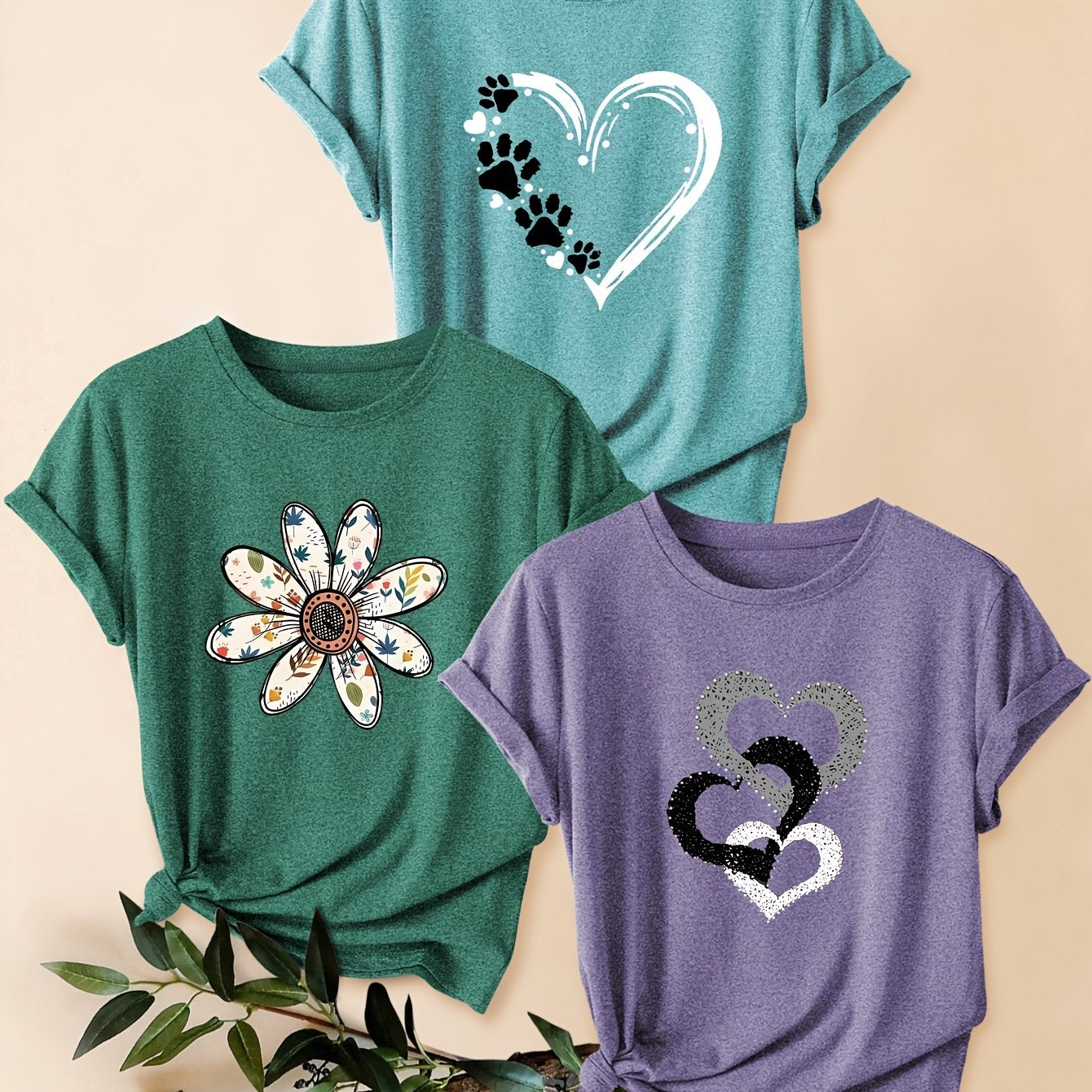 3pcs Women's Vintage-Inspired Graphic Tees - Floral & Heart Print Casual Short Sleeve T-Shirts, Soft Stretch Round Neck Tops for Spring Summer Fall,, Teal & Lavender, Seasonal Fashion, Artistic Design, Lightweight Tee, Printe - The Superior Findings Depot