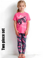 2pcs Girls' Clothing Party Slogan Large Glasses Print Pattern Drop Shoulder Irregular Hem Design Loose Short Sleeve T-Shirt + Floral Print Skinny Nine-Tenths Bottoms Set Girls' Summer Outfit Holiday Gift Girls' Fashion Casual - The Superior Findings Depot