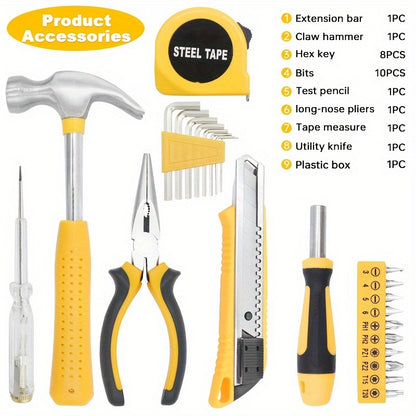 25-Piece Household Tool Set with Storage Case – Essential Hand Tools Kit with Hammer, Pliers, Screwdrivers & Tape Measure – Durable Steel Tools for