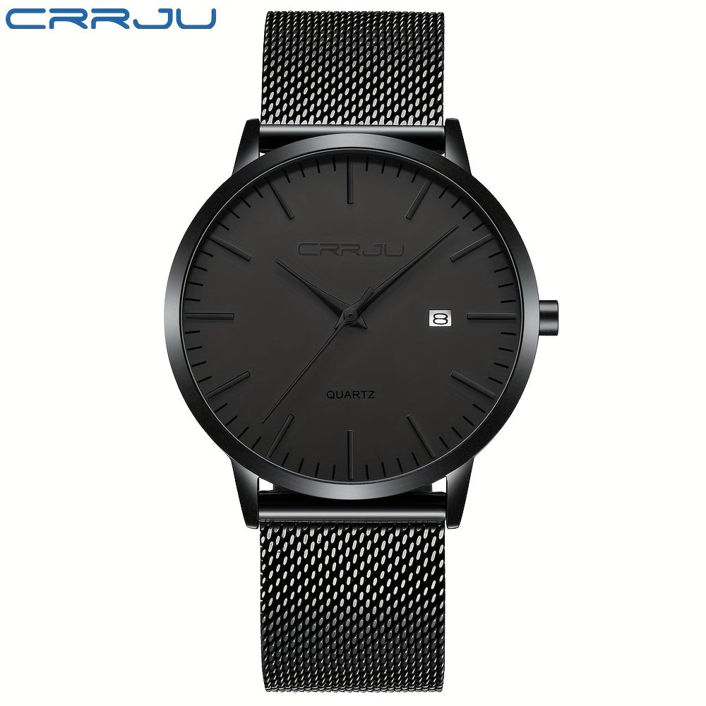 CRRJU Men'S Slim Quartz Watch, Casual Style, Round Zinc Alloy Case, Stainless Steel Strap, Pointer Display, Battery Powered, IPX8 Water Resistant, Non-rechargeable Button Battery