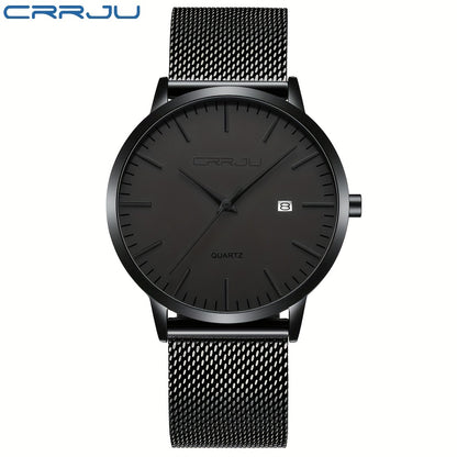 CRRJU Men'S Slim Quartz Watch, Casual Style, Round Zinc Alloy Case, Stainless Steel Strap, Pointer Display, Battery Powered, IPX8 Water Resistant, Non-rechargeable Button Battery