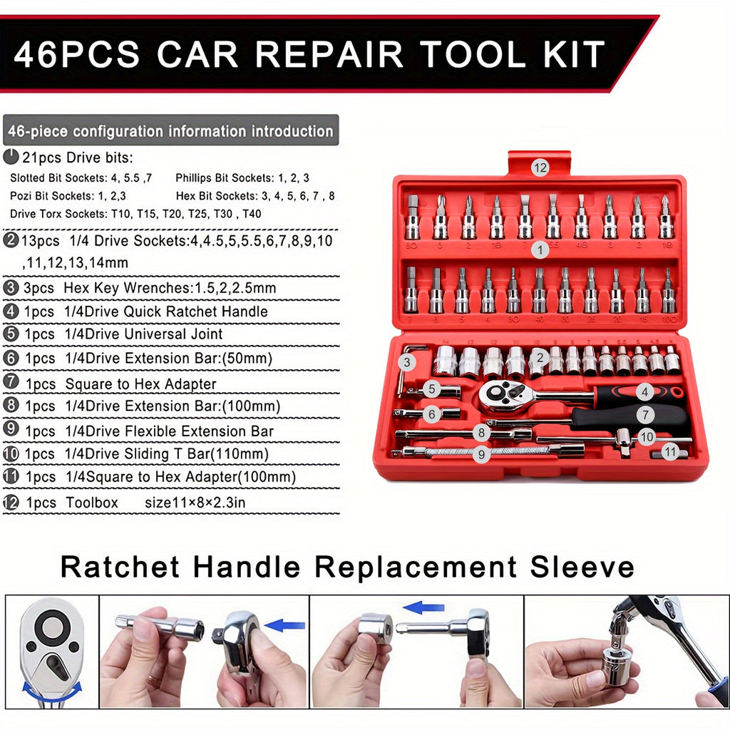46pcs Car Repair Tool Kit, 1/4 Inch Ratchet Wrench Set with Versatile Bit Socket Set And Extension Bar, Combo Tools Kit, for Car, Motorcycle & Bicycle Repair - The Superior Findings Depot