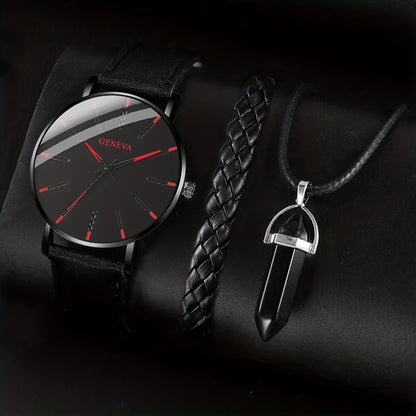 3pcs/set - Elegant Men's Quartz Watch with Matching Bracelet and Necklace - Stylish Timepiece, Perfect for Gifting on Special Occasions