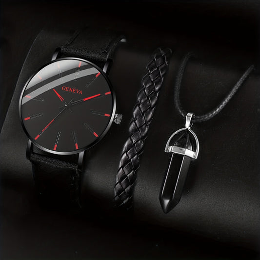 3pcs/set - Elegant Men's Quartz Watch with Matching Bracelet and Necklace - Stylish Timepiece, Perfect for Gifting on Special Occasions