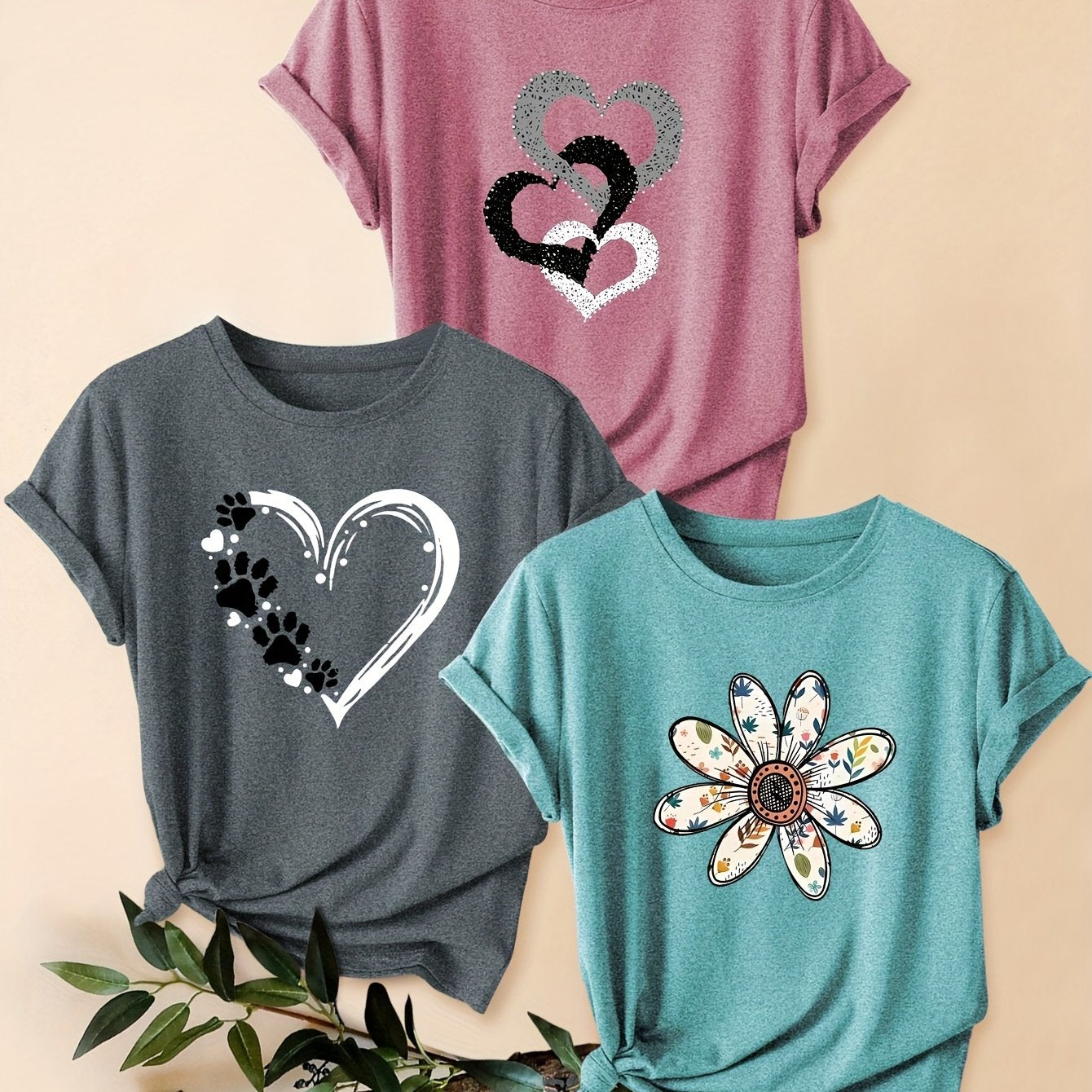 3pcs Women's Vintage-Inspired Graphic Tees - Floral & Heart Print Casual Short Sleeve T-Shirts, Soft Stretch Round Neck Tops for Spring Summer Fall,, Teal & Lavender, Seasonal Fashion, Artistic Design, Lightweight Tee, Printe - The Superior Findings Depot