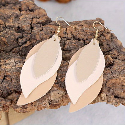 [3-layer Retro Dangle Earrings Gift] 3-layer Leaf Design Retro Dangle Earrings PU Leather Exquisite Gift For Women Daily Casual