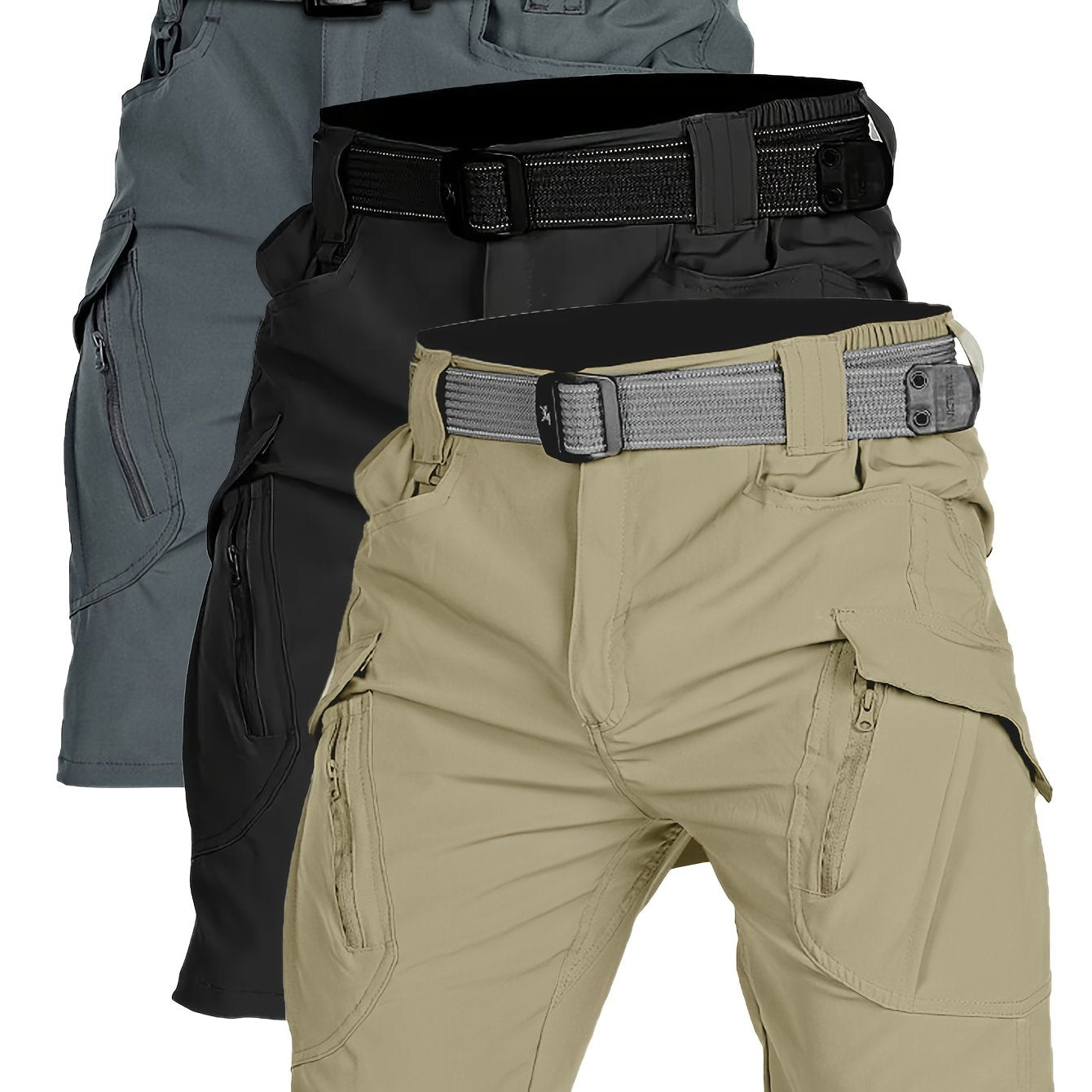 3pcs Men'S Quick-Dry Lightweight Breathable Elastic Waist Tactical Shorts - Summer Outdoor Casual Shorts with Multiple Pockets for Hiking, Running & Training, No Belt Needed, Solid Colors (Olive/Charcoal/Beige), Hiking Shorts - The Superior Findings Depot