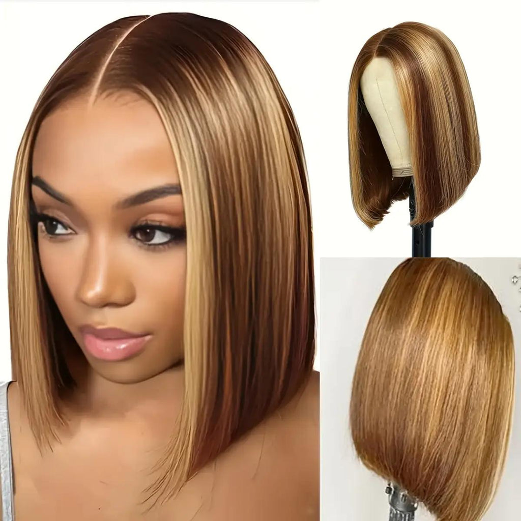 Short Bob Wig for Women, Natural-Looking Body Wave Synthetic Hair, Golden Brown/Blonde/Beige/Brunette Ombre, Heat-Resistant Fiber, Breathable Mesh Cap, Middle Part Short Cut Wig for Daily Wear, Suits All Beige Tones - The Superior Findings Depot