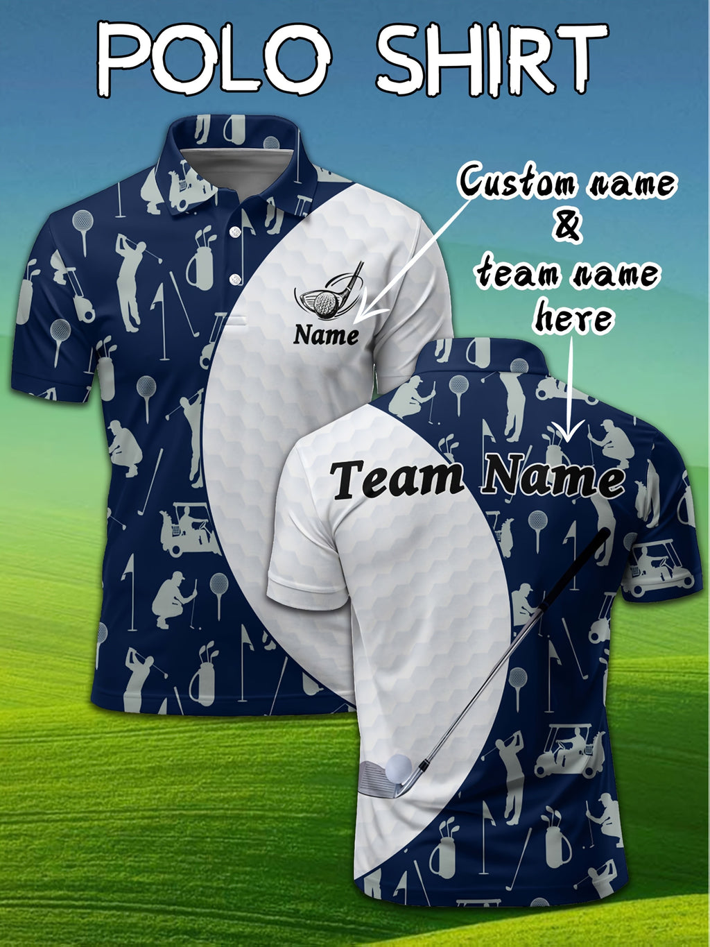 Customizable Men's Golf Polo Shirt - Golf Ball & Club Print