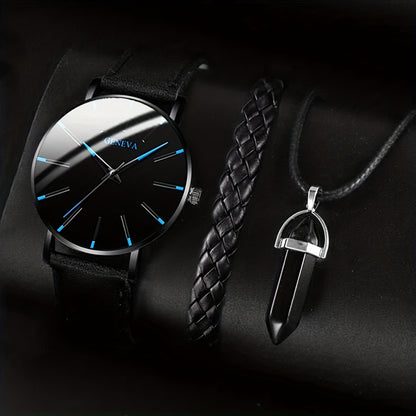 3pcs/set - Elegant Men's Quartz Watch with Matching Bracelet and Necklace - Stylish Timepiece, Perfect for Gifting on Special Occasions
