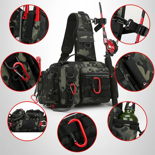 1pc Premium Waterproof Nylon Fishing Backpack - Multi-Functional Chest Bag with Adjustable Strap, Padded Shoulder Pads, and Multiple Compartments - Ideal for Fishing, Hiking, Camping, and Outdoor Adventures