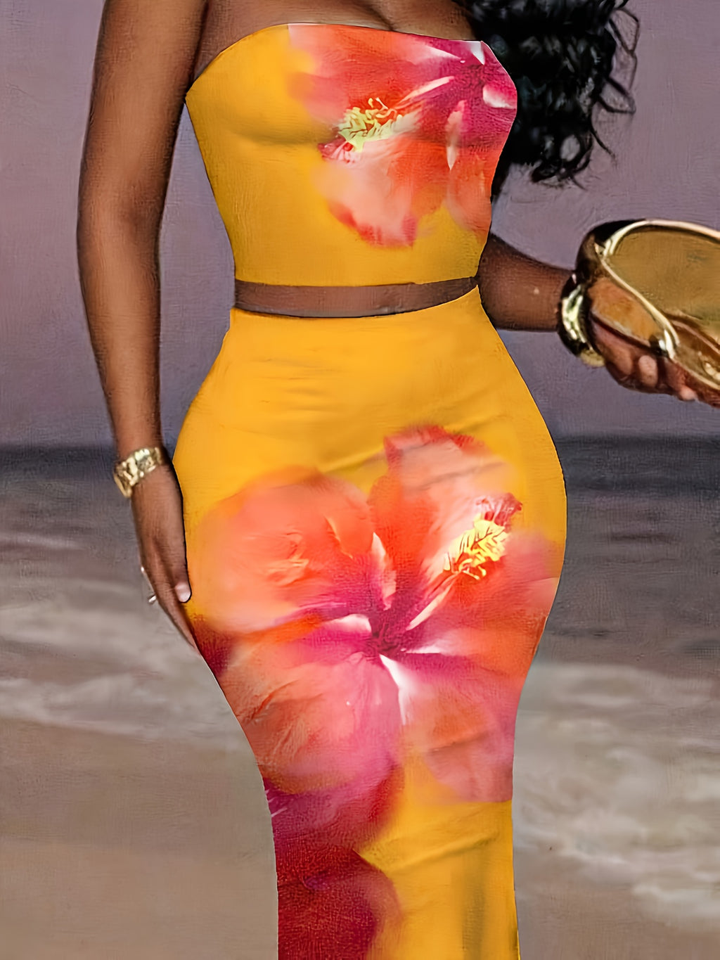 Women'S Elegant Off-Shoulder Floral Print Maxi Skirt Set - Vibrant Yellow with Pink & Orange Flowers, High-Waisted, Flowy Design, Perfect for Beach or Summer Outings, Beach Attire|Floral Print Skirt|Backless Skirt - The Superior Findings Depot
