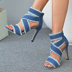 Women'S Denim Peep-Toe High Heel Sandals with Back Zipper and Cut-Out Design, Frayed Edge Detail, Summer 2025 Fashion, White Heels, Open Toe, Rubber Sole, Synthetic Insole and Upper, Fashion Sandals | Peep Toe Sandals | Intri - The Superior Findings Depot