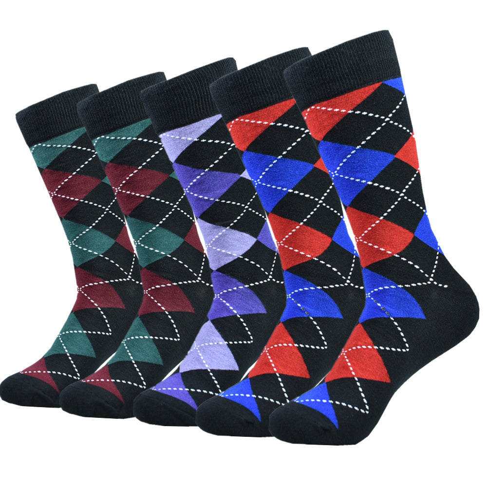 5pairs Men's Cotton Argyle Color Block Soft Crew Socks, Men's Business Socks, Multicolor Set - The Superior Findings Depot
