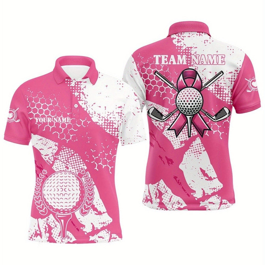 Customizable Men's Golf Polo Shirt - Pink with Black & White Print