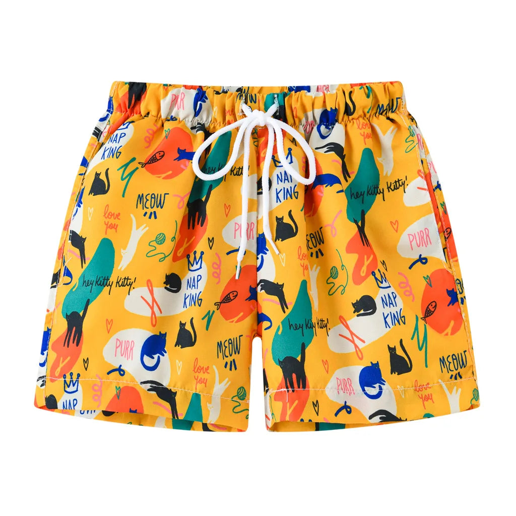 Kids Summer Cartoon Board Shorts – Boys & Girls Beach Trunks, Casual Sports Shorts, Elastic Waist, Lightweight & Breathable Cotton Blend (Ages 4–6)
