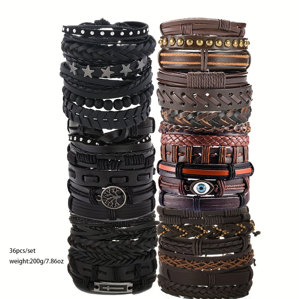 36pcs Fashion Retro Handwoven Men's Stackable Bracelet Set,  Fashion Statement, Vintage Style, Durable Material, Trendy Bracelets, Stylish Men - The Superior Findings Depot
