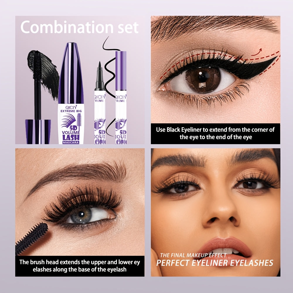 QICI 5D EXTREME 2in1 Mascara + Eyeliner Set - Waterproof, Long-Lasting, Smudge-Proof, Volume & Length Enhancing, Black Liquid Eyeliner with 10ml Brush, 24-Hour Wear, 1pc/2pcs, Beauty Essentials|Bold Eye Makeup|Smudgeproof Lin - The Superior Findings Depot
