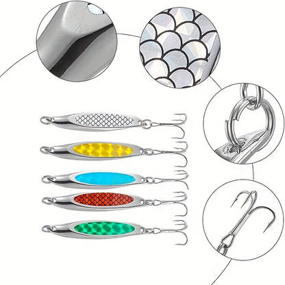 5pcs Essential Anglers Lure Set - Versatile Metal Baits for Saltwater & Freshwater Fishing - Durable Treble Hook Design for Trout, Bass, Salmon