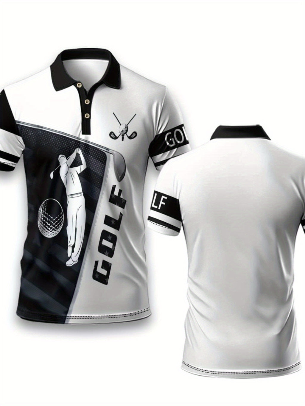 Men's Summer Casual Golf Shirt - Breathable Short Sleeve with Golf Club & Ball Graphic Print, Contrast Stripe Collar, Regular Fit for Outdoor Sports & Casual Wear, Golf Shirt, Smooth Texture Fabric