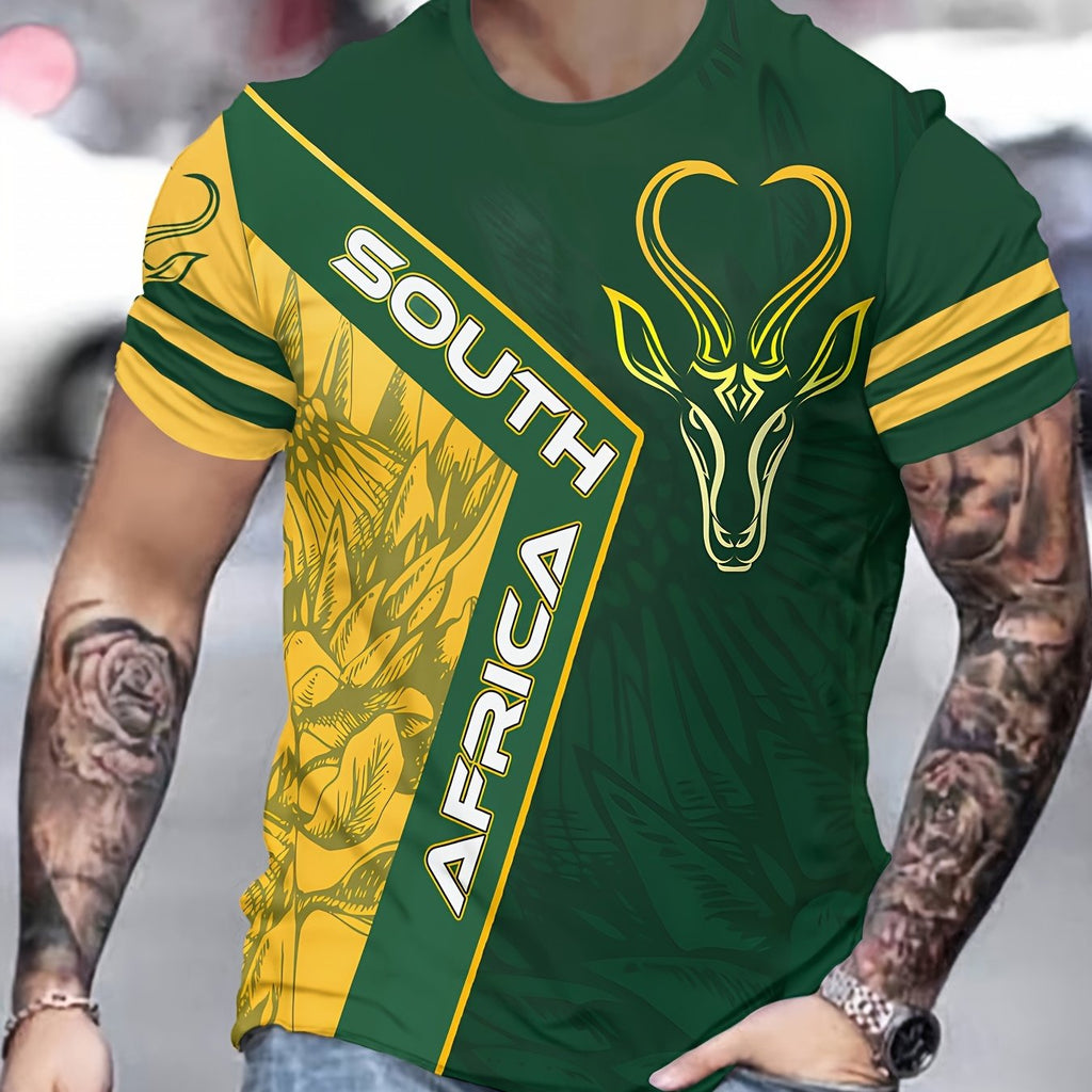 Men's 3D Rhino & African Tribal Print T-Shirt - South Africa Design