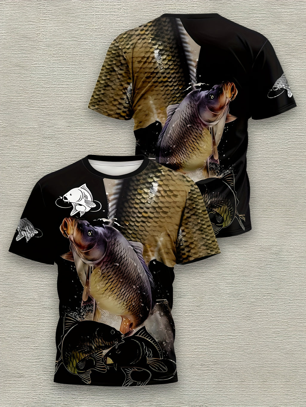 Men's 3D Fish Graphic T-Shirt - Black with Golden & White Fish