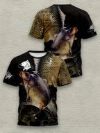 Men's 3D Fish Graphic T-Shirt - Black with Golden & White Fish