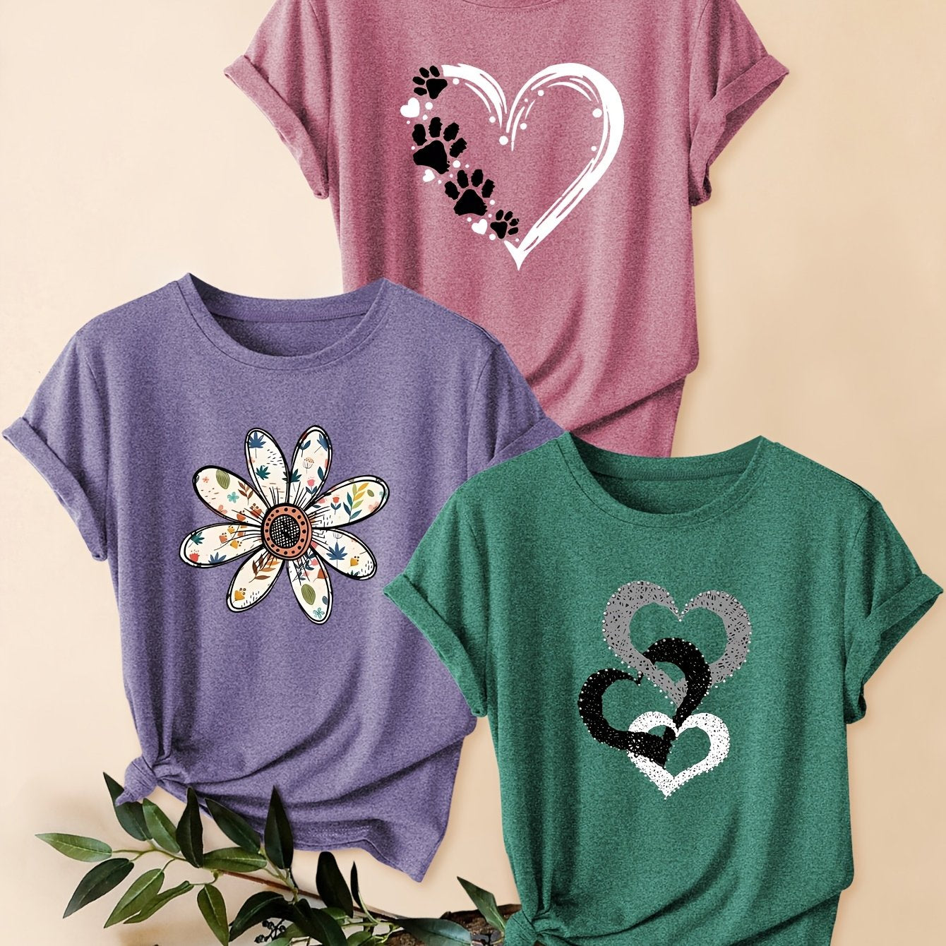 3pcs Women's Vintage-Inspired Graphic Tees - Floral & Heart Print Casual Short Sleeve T-Shirts, Soft Stretch Round Neck Tops for Spring Summer Fall,, Teal & Lavender, Seasonal Fashion, Artistic Design, Lightweight Tee, Printe - The Superior Findings Depot