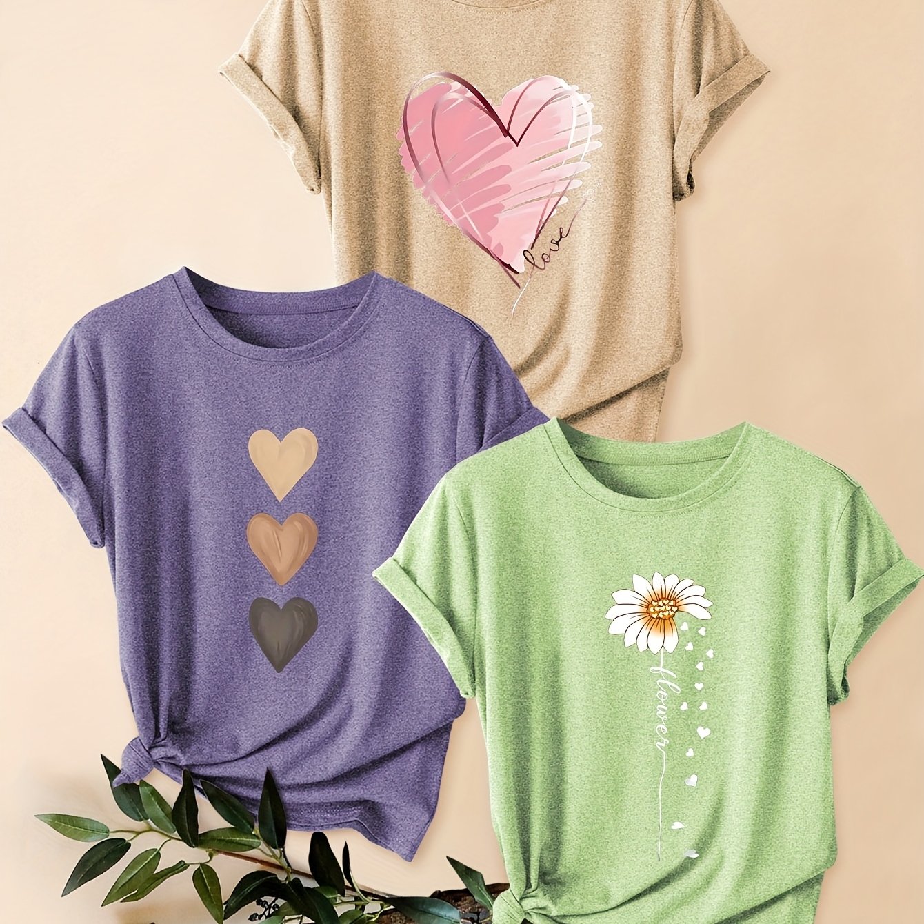 3pcs Women's Vintage-Inspired Graphic Tees - Floral & Heart Print Casual Short Sleeve T-Shirts, Soft Stretch Round Neck Tops for Spring Summer Fall,, Teal & Lavender, Seasonal Fashion, Artistic Design, Lightweight Tee, Printe - The Superior Findings Depot