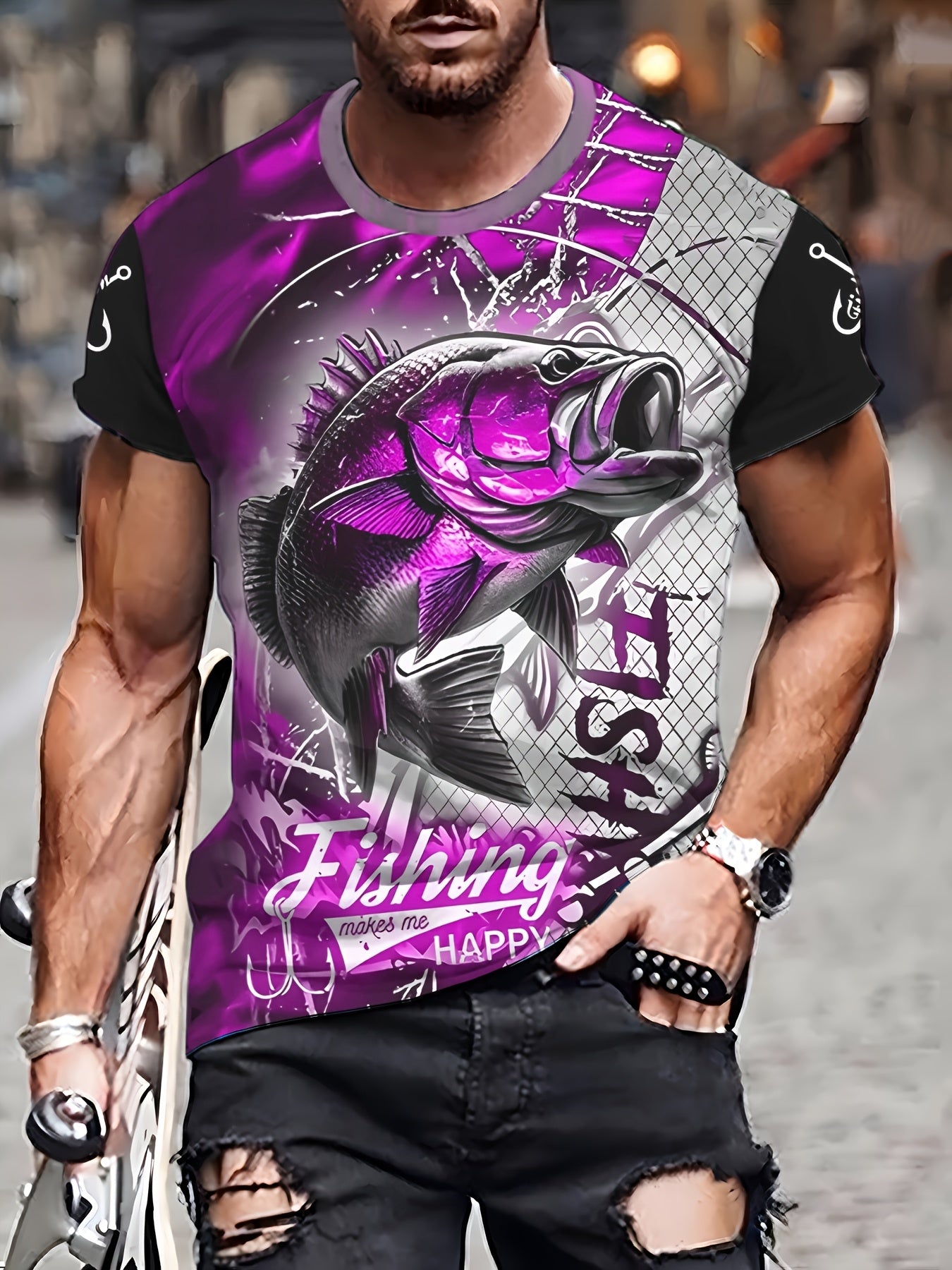 Men'S 3D Printed Fish T-Shirt | Suitable for Summer Outdoor Activities, Fishing, and Cycling | Crew Neck, Regular Fit, Slight Stretch Fabric