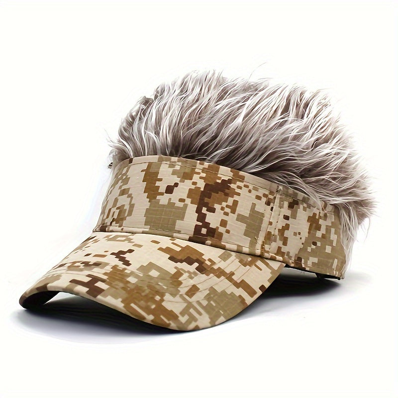 Sporty Camo Baseball Cap with Built-In Wig - Hip Hop Style