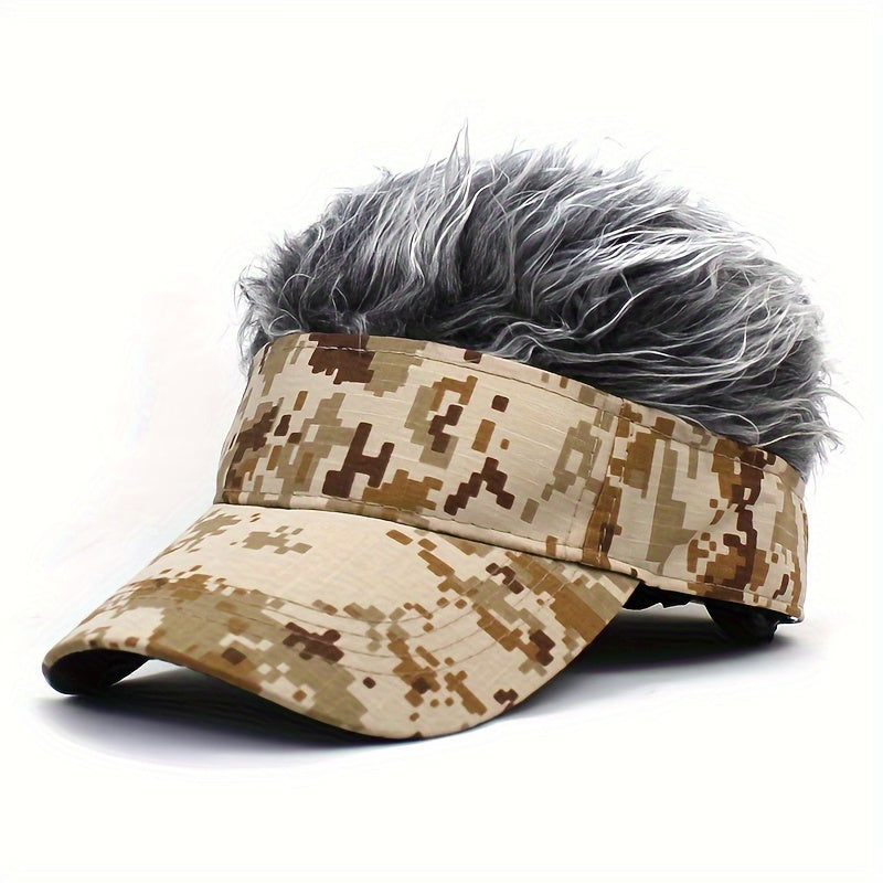 Sporty Camo Baseball Cap with Built-In Wig - Hip Hop Style