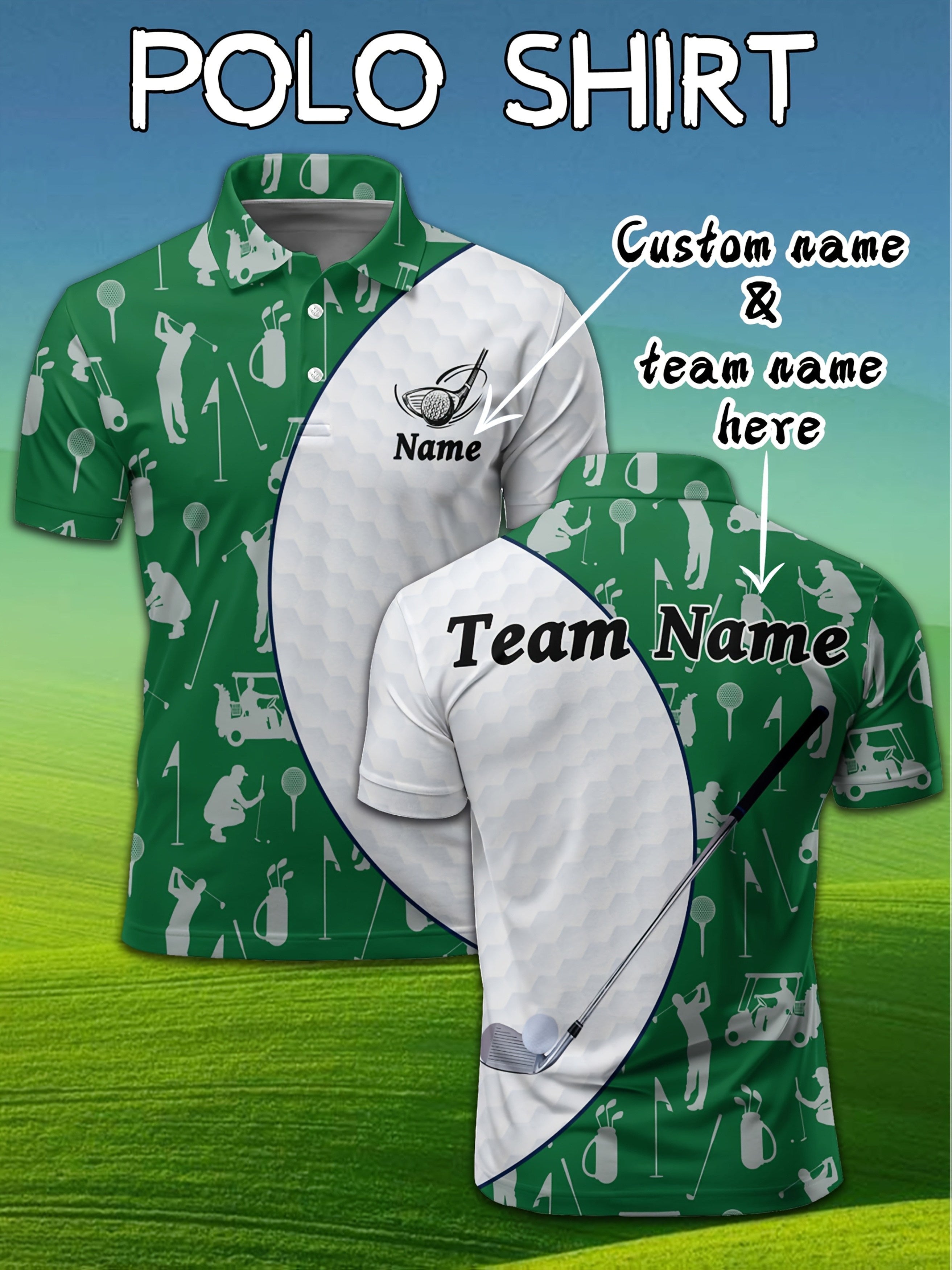 Customizable Men's Golf Polo Shirt - Golf Ball & Club Print