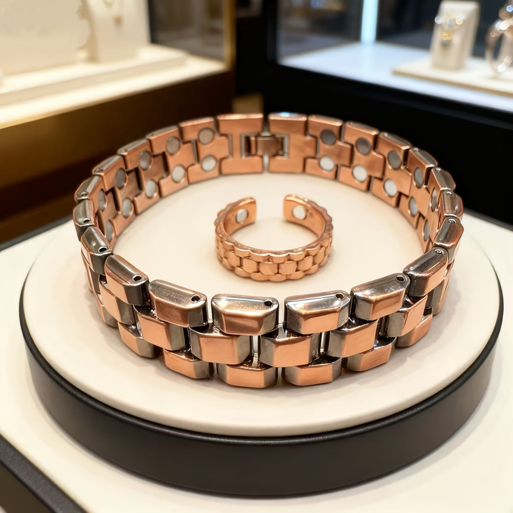 2pcss Men'S Magnetic Bracelet & Ring Set - Adjustable Copper Magnetic Wristband with Polished Finish, 2pcs Set for Wellness, Travel, Home, Office, Magnetic Bracelet For Men, Office Accessory, Sleek Design, Durable Constructio - The Superior Findings Depot