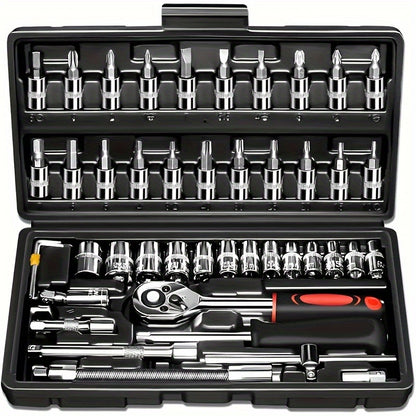[Multifunctional Tool Set] 46pcs Multifunctional Automotive Mechanical Repair Tool Set | Durable Metal Structure with Socket, Wrench and Ratchet Set, Toolbox with Storage Box