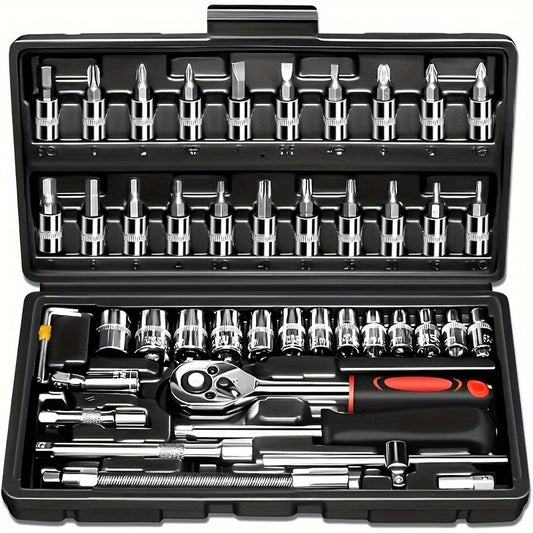 [Multifunctional Tool Set] 46pcs Multifunctional Automotive Mechanical Repair Tool Set | Durable Metal Structure with Socket, Wrench and Ratchet Set, Toolbox with Storage Box