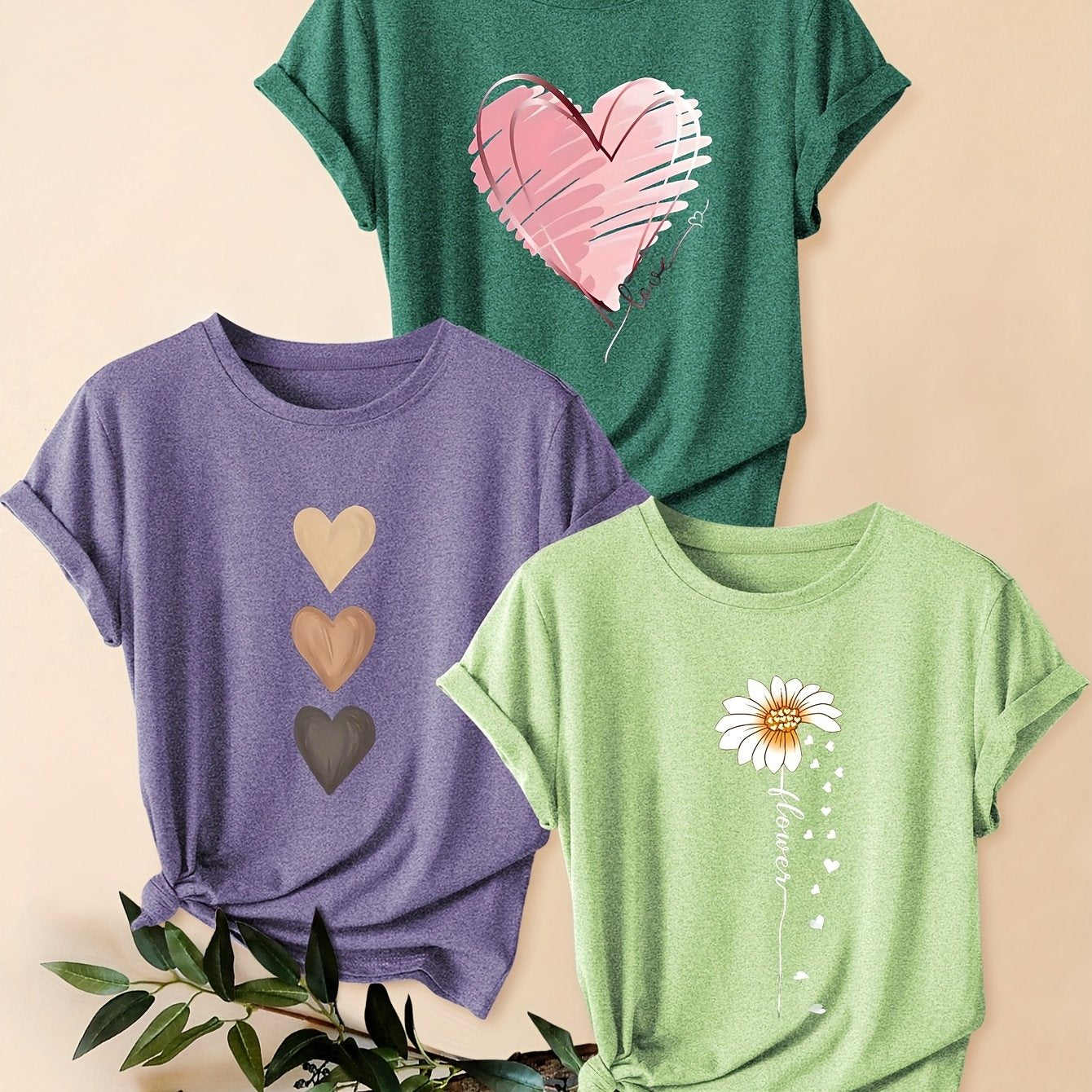 3pcs Women's Vintage-Inspired Graphic Tees - Floral & Heart Print Casual Short Sleeve T-Shirts, Soft Stretch Round Neck Tops for Spring Summer Fall,, Teal & Lavender, Seasonal Fashion, Artistic Design, Lightweight Tee, Printe - The Superior Findings Depot