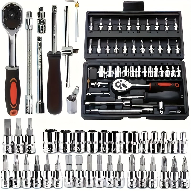 [Multifunctional Tool Set] 46pcs Multifunctional Automotive Mechanical Repair Tool Set | Durable Metal Structure with Socket, Wrench and Ratchet Set, Toolbox with Storage Box