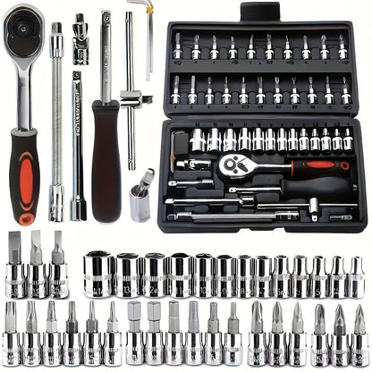 [Multifunctional Tool Set] 46pcs Multifunctional Automotive Mechanical Repair Tool Set | Durable Metal Structure with Socket, Wrench and Ratchet Set, Toolbox with Storage Box