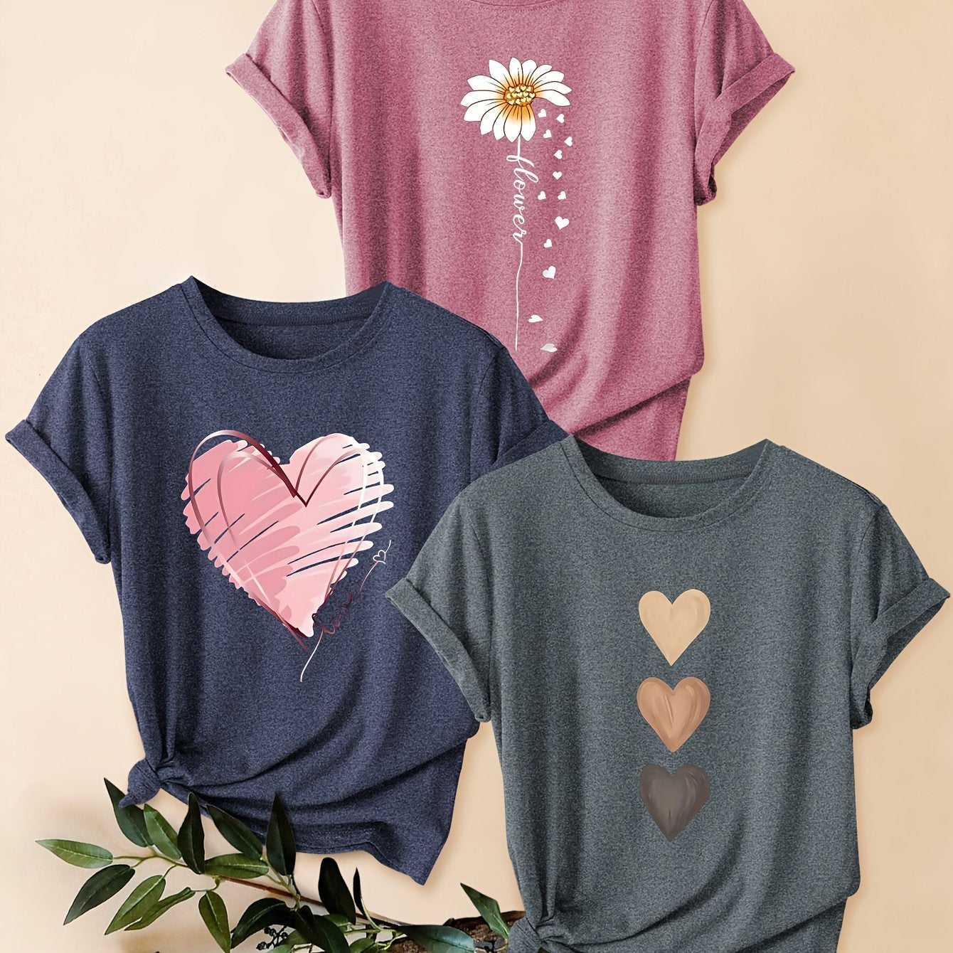 3pcs Women's Vintage-Inspired Graphic Tees - Floral & Heart Print Casual Short Sleeve T-Shirts, Soft Stretch Round Neck Tops for Spring Summer Fall,, Teal & Lavender, Seasonal Fashion, Artistic Design, Lightweight Tee, Printe - The Superior Findings Depot