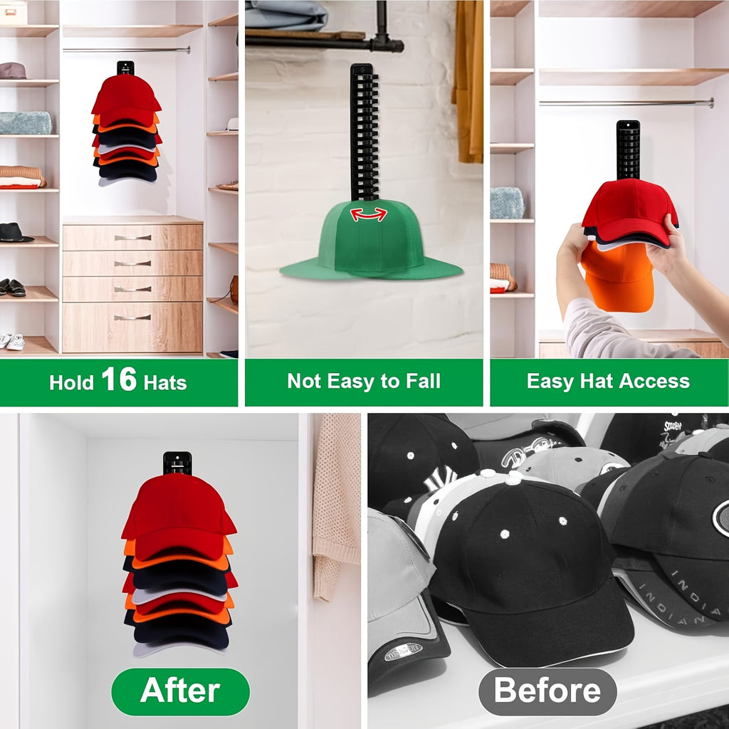1 Wall-Mounted Hat Rack - 16-Hat Capacity No-Nail Adhesive