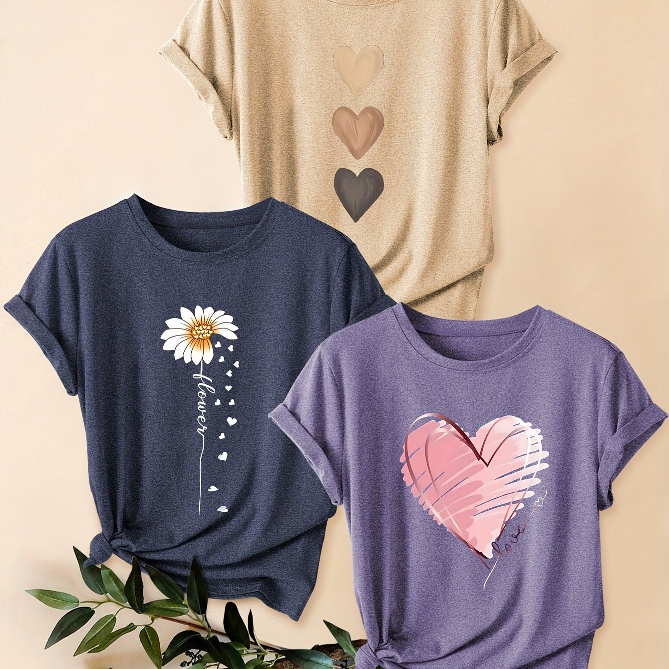3pcs Women's Vintage-Inspired Graphic Tees - Floral & Heart Print Casual Short Sleeve T-Shirts, Soft Stretch Round Neck Tops for Spring Summer Fall,, Teal & Lavender, Seasonal Fashion, Artistic Design, Lightweight Tee, Printe - The Superior Findings Depot