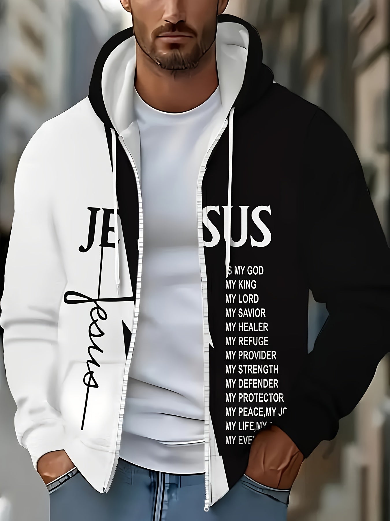 Christian Faith Zip-Up Hooded Sweatshirt with Jesus is My God & Bible Verse Back Print - Full-Zip Front Closure, Casual Church Wear, Men's & Women's Religious Apparel, Machine Washable Full-Zip Hoodie for Everyday Faith Expre - The Superior Findings Depot